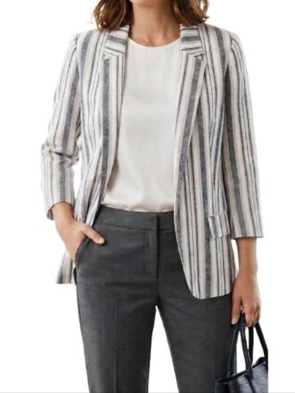 Ann Taylor Multicolor Striped Blazer Linen Blend 3/4 Sleeves Open Front 533618